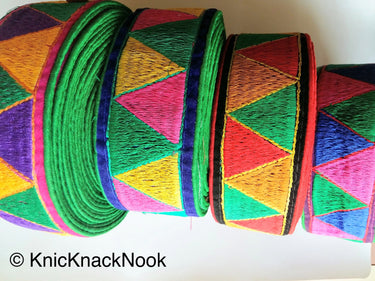 Green And Pink Fabric Trim With Green, Yellow And Purple Temple Border Embroidery Lace Trim, Approx. 50mm Wide - 200317L177